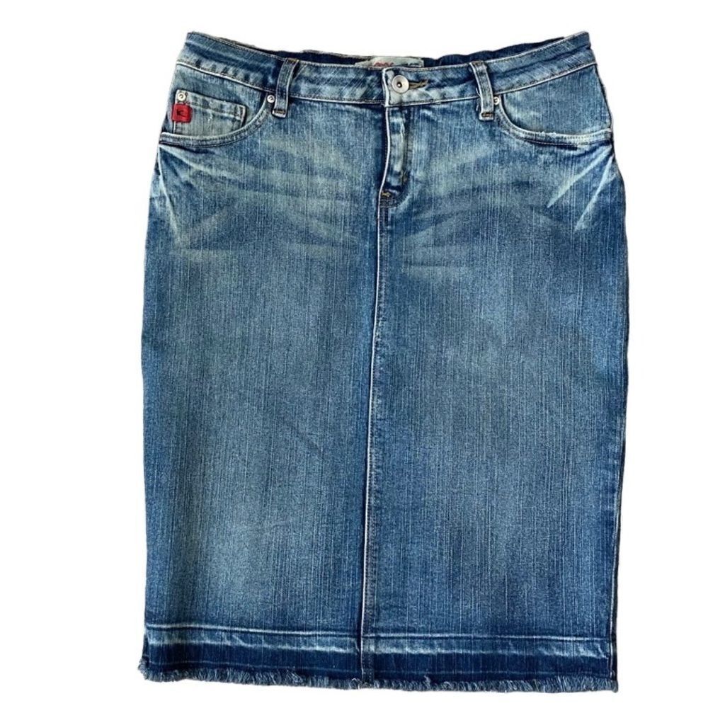 Karma Retro Denim Skirt Distressed Raw Hem SZ 5 JR